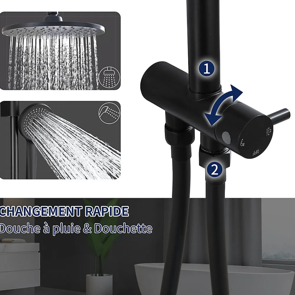 Homelody Colonne de Douche sans Robinetterie Effet Pluie avec Douchette 3 Fonctions Noir pour Salle de Bain