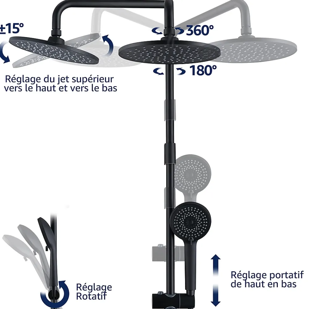 Homelody Colonne de Douche sans Robinetterie Effet Pluie avec Douchette 3 Fonctions Noir pour Salle de Bain