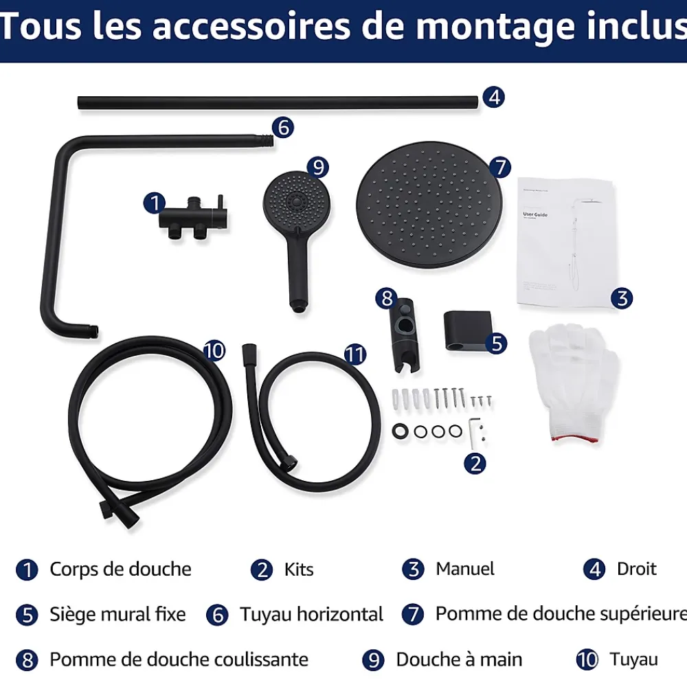 Homelody Colonne de Douche sans Robinetterie Effet Pluie avec Douchette 3 Fonctions Noir pour Salle de Bain