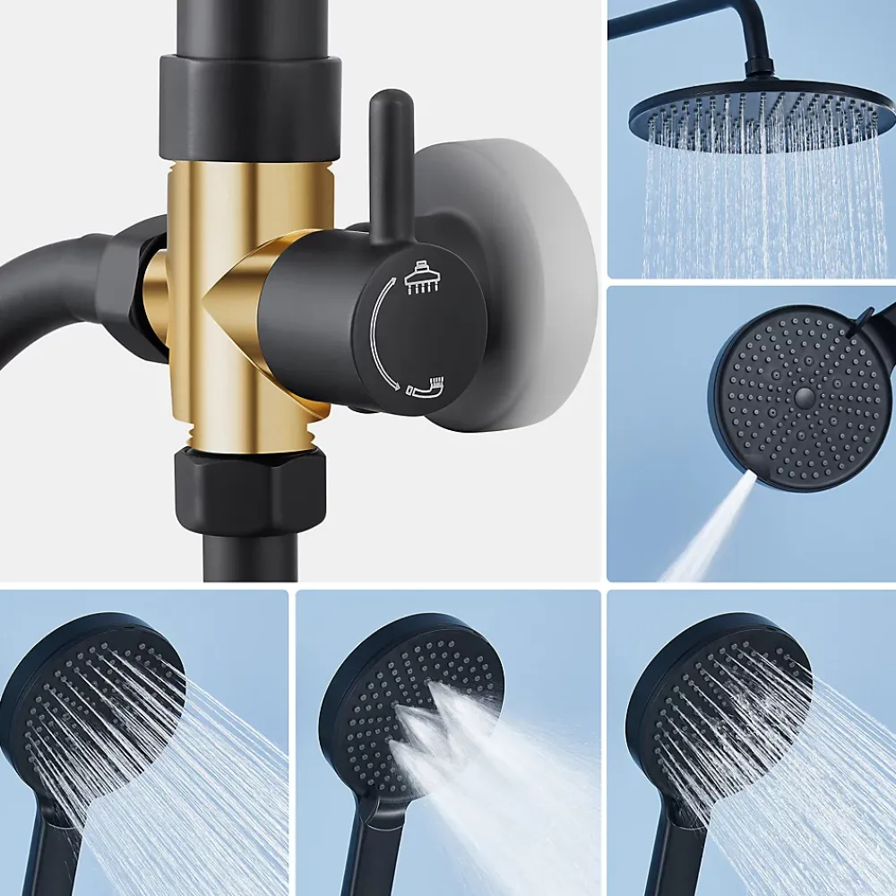 Sofetiy Max Colonne de douche sans robinetterie avec pommeau + douchette 4 jets + flexible + barre réglable, Noir