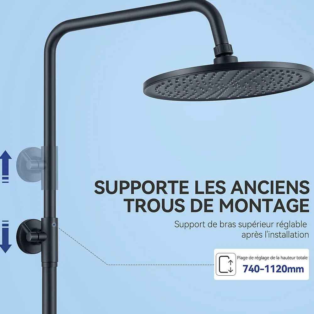 Sofetiy Max Colonne de douche sans robinetterie avec pommeau + douchette 4 jets + flexible + barre réglable, Noir