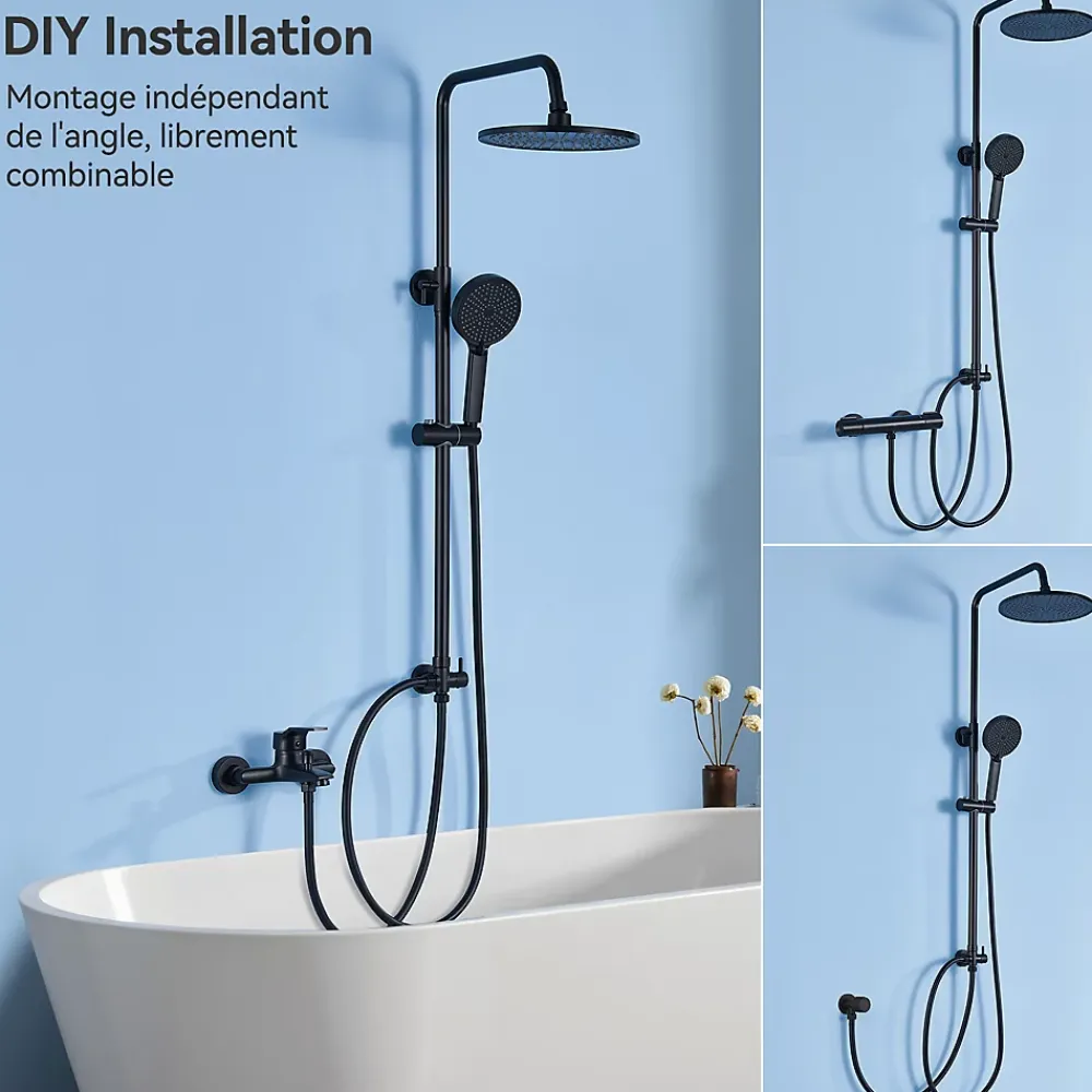 Sofetiy Max Colonne de douche sans robinetterie avec pommeau + douchette 4 jets + flexible + barre réglable, Noir