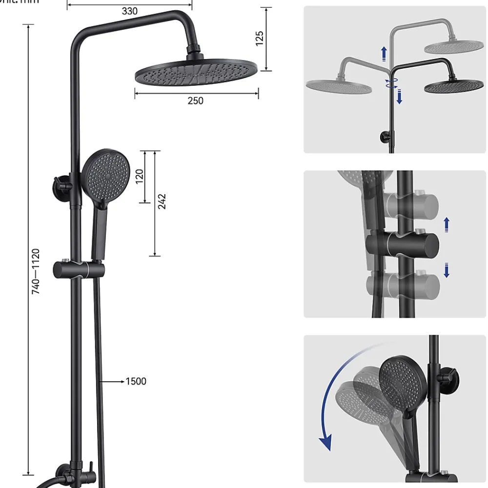 Sofetiy Max Colonne de douche sans robinetterie avec pommeau + douchette 4 jets + flexible + barre réglable, Noir