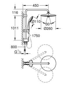 Grohe Colonne de douche sans robinetterie avec pommeau + douchette 3 jets + flexible + barre réglable, chrome, Vitalio Joy System 260