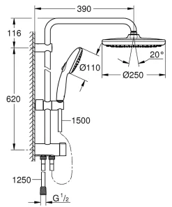 Colonne De Douche Sans Robinetterie|Grohe Colonne de douche sans robinetterie avec douchette + pommeau + flexible + barre, chrome rond, Vitalio Start 250
