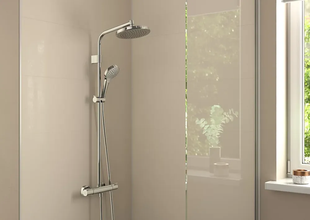 Hansgrohe Colonne de douche thermostatique avec pommeau + douchette 3 jets + flexible + barre réglable, chrome, Waterforms 220
