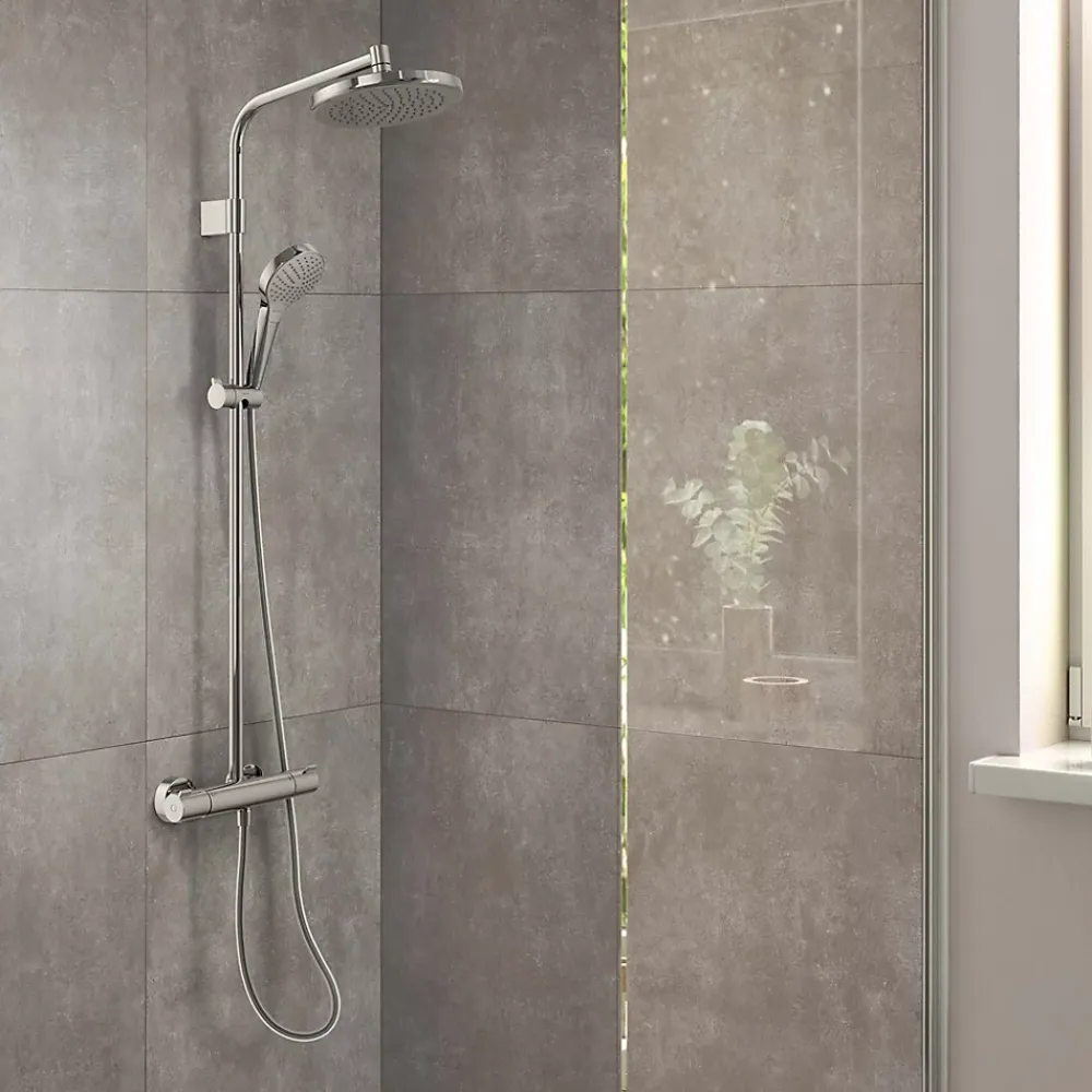 Hansgrohe Colonne de douche thermostatique avec pommeau + douchette 3 jets + flexible + barre réglable, chrome, Waterforms 220