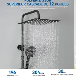 Sofetiy Max Colonne de Douche Thermostatique 5 Fonctions, Ensemble de Douche Noir, Douche avec Tête de Douche de 12 pouces