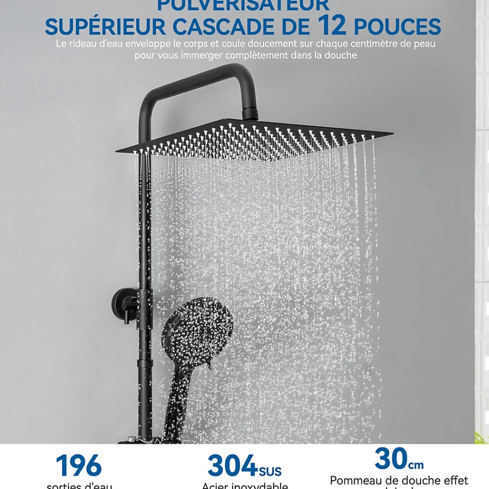 Sofetiy Max Colonne de Douche Thermostatique 5 Fonctions, Ensemble de Douche Noir, Douche avec Tête de Douche de 12 pouces