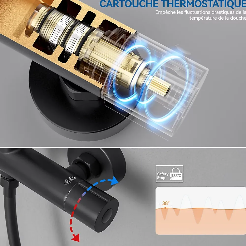 Sofetiy Max Colonne de Douche Thermostatique 5 Fonctions, Ensemble de Douche Noir, Douche avec Tête de Douche de 12 pouces