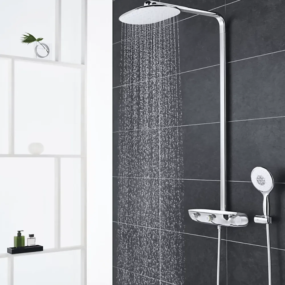Colonne De Douche Thermostatique|Grohe Colonne de douche thermostatique Rainshower System SmartControl Mono 360 Blanc/chromé + Tablette douche d'angle Start Cube