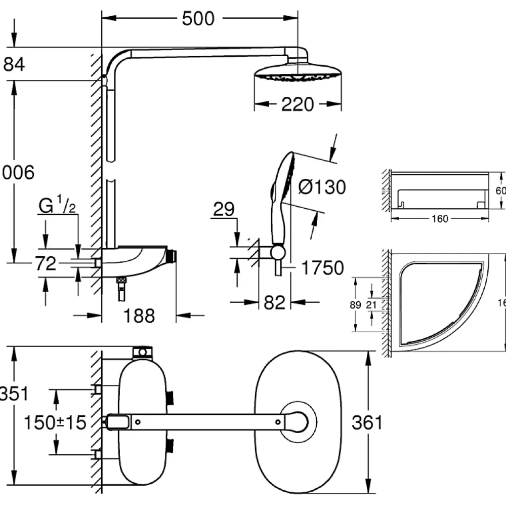 Colonne De Douche Thermostatique|Grohe Colonne de douche thermostatique Rainshower System SmartControl Mono 360 Blanc/chromé + Tablette douche d'angle Start Cube