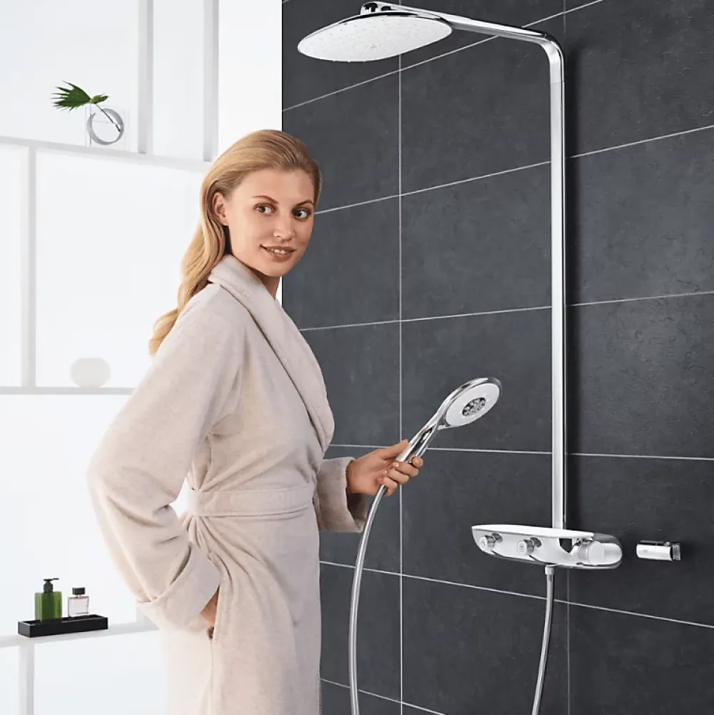 Colonne De Douche Thermostatique|Grohe Colonne de douche thermostatique Rainshower System SmartControl Mono 360 Blanc/chromé + Tablette douche d'angle Start Cube