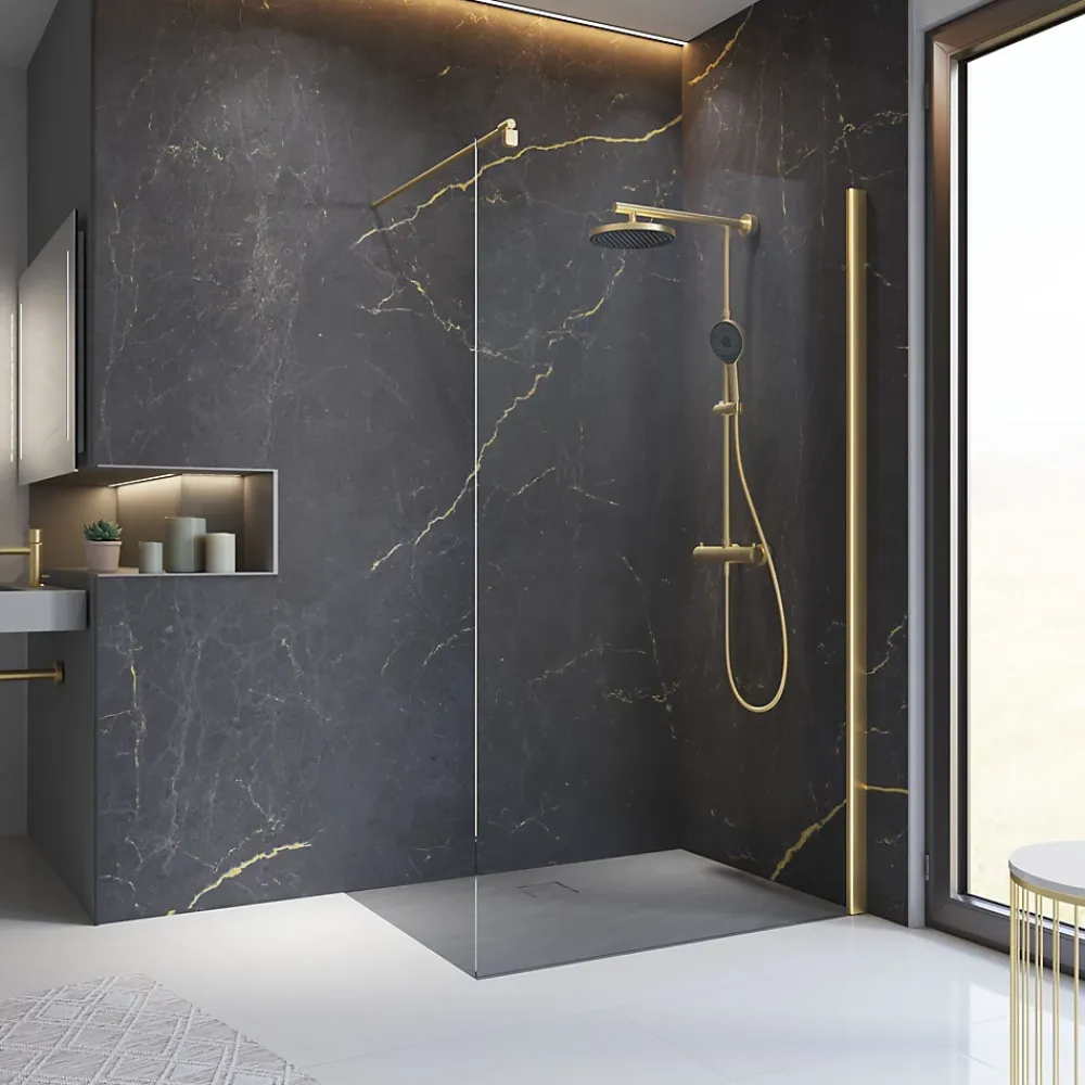Colonne De Douche Thermostatique|Schulte Colonne de douche thermostatique avec pommeau + douchette + flexible + barre réglable, coloris doré, Rain