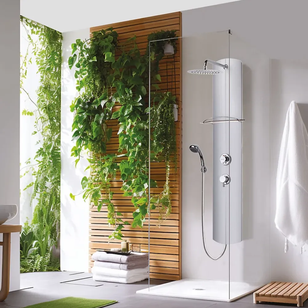 Colonne De Douche Hydromassante|Valentin Colonne de douche thermostatique avec tablette, pomme de tête, douchette et flexible, en aluminium anodisé gris, Totmy