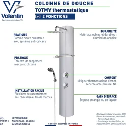 Colonne De Douche Hydromassante|Valentin Colonne de douche thermostatique avec tablette, pomme de tête, douchette et flexible, en aluminium anodisé gris, Totmy