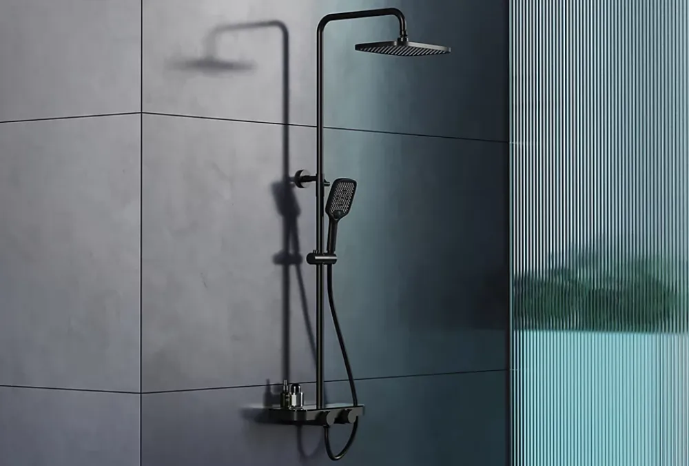 Bernstein Colonne de douche thermostatique hauteur réglable design + tablette acier inox + mitigeur et pommeau Carrés - Noir mat - BS371