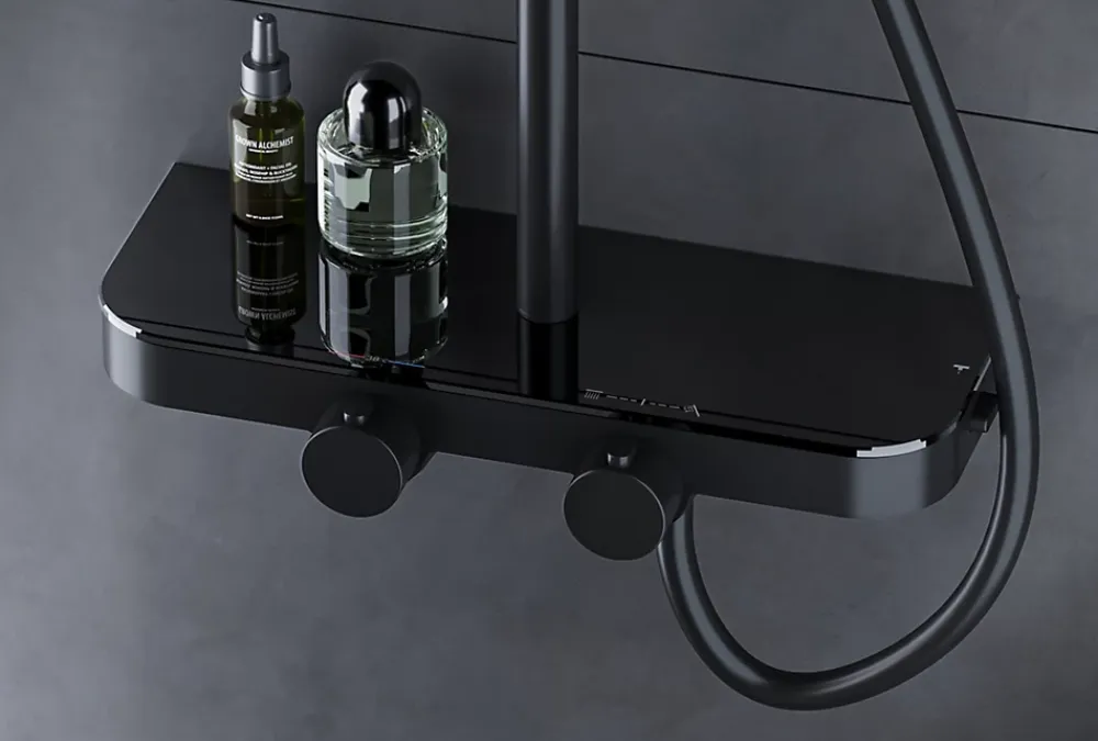 Bernstein Colonne de douche thermostatique hauteur réglable design + tablette acier inox + mitigeur et pommeau Carrés - Noir mat - BS371