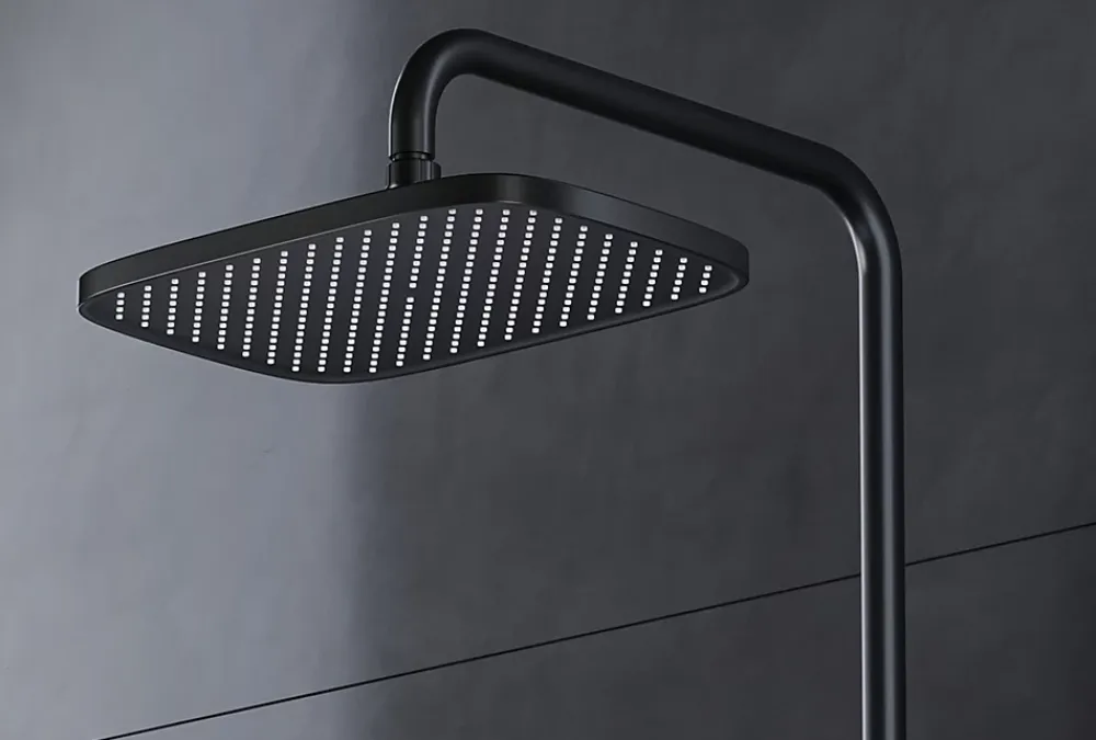Bernstein Colonne de douche thermostatique hauteur réglable design + tablette acier inox + mitigeur et pommeau Carrés - Noir mat - BS371