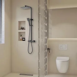 GoodHome Colonne de douche thermostatique avec pomme de tête, douchette et flexible, noir mat, Kozo