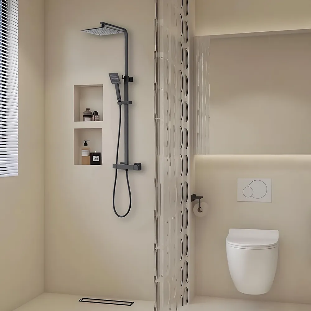 GoodHome Colonne de douche thermostatique avec pomme de tête, douchette et flexible, noir mat, Kozo