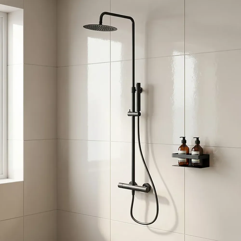 Colonne De Douche Thermostatique|GoodHome Colonne de douche thermostatique + barre réglable + douchette + flexible, noir mat, Owens