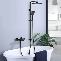 Homelody Colonne de Douche Thermostatique Noir Ensemble de Douche Robinet Cascade pour Baignoire Laiton Set de Douche Hauteur Réglable