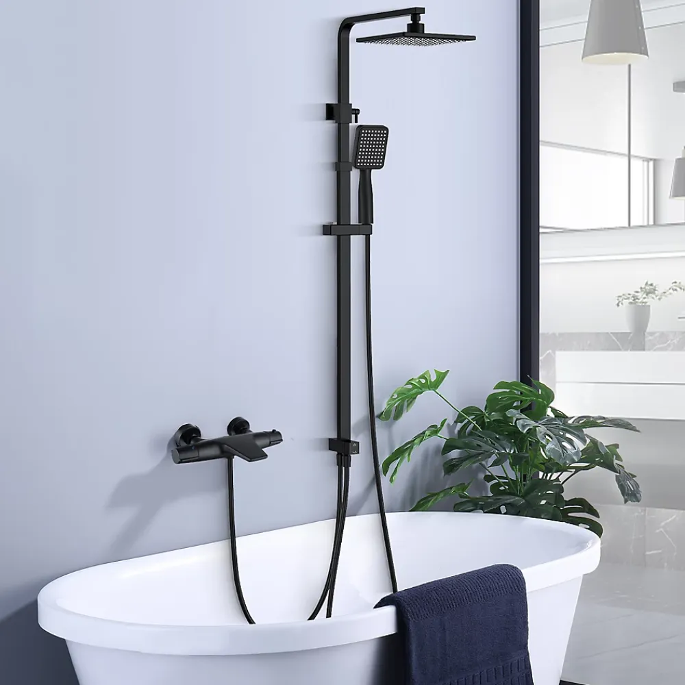 Homelody Colonne de Douche Thermostatique Noir Ensemble de Douche Robinet Cascade pour Baignoire Laiton Set de Douche Hauteur Réglable