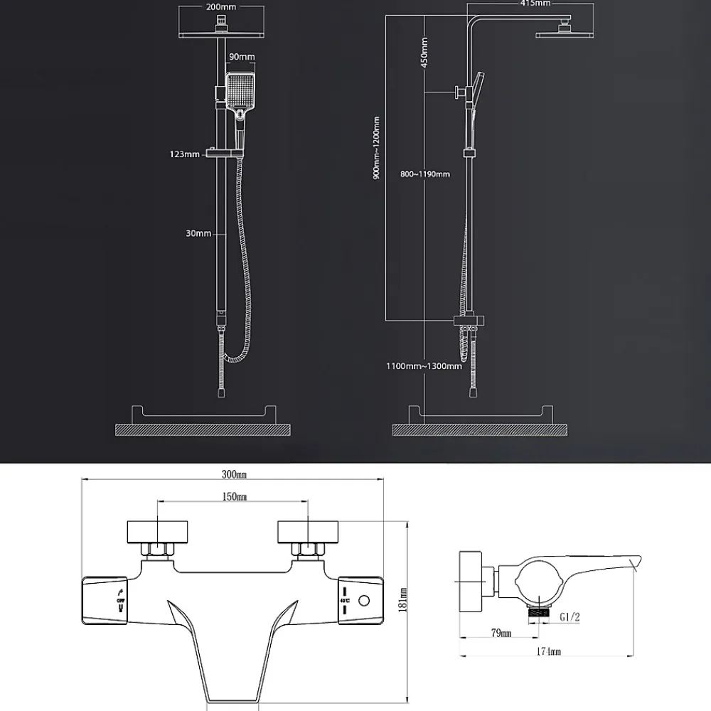 Homelody Colonne de Douche Thermostatique Noir Ensemble de Douche Robinet Cascade pour Baignoire Laiton Set de Douche Hauteur Réglable