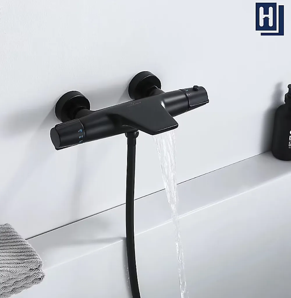 Homelody Colonne de Douche Thermostatique Noir Ensemble de Douche Robinet Cascade pour Baignoire Laiton Set de Douche Hauteur Réglable