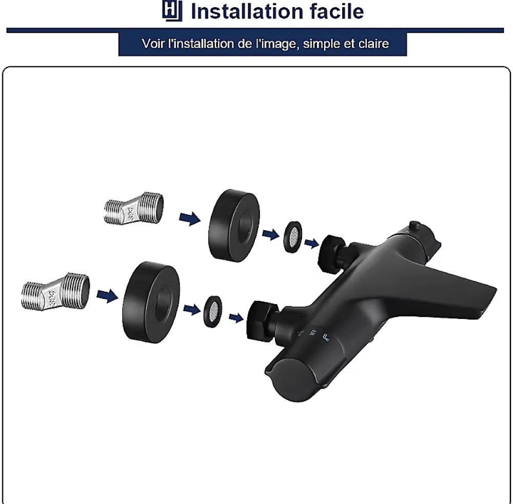 Homelody Colonne de Douche Thermostatique Noir Ensemble de Douche Robinet Cascade pour Baignoire Laiton Set de Douche Hauteur Réglable