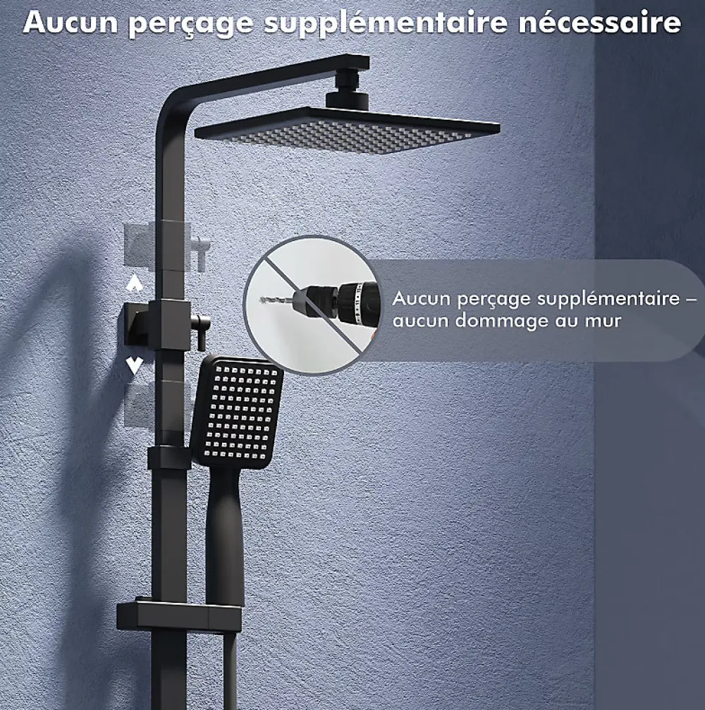 Homelody Colonne de Douche Thermostatique Noir Ensemble de Douche Robinet Cascade pour Baignoire Laiton Set de Douche Hauteur Réglable
