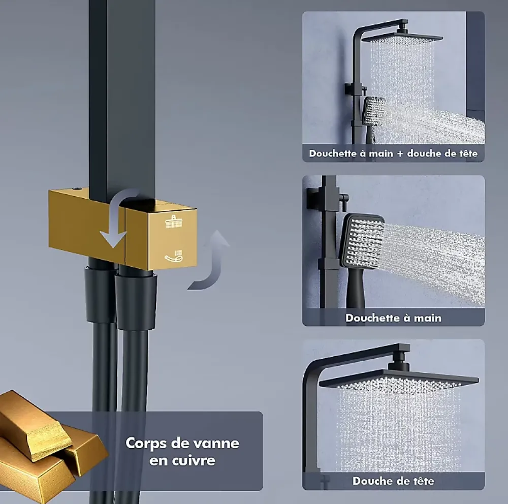 Homelody Colonne de Douche Thermostatique Noir Ensemble de Douche Robinet Cascade pour Baignoire Laiton Set de Douche Hauteur Réglable