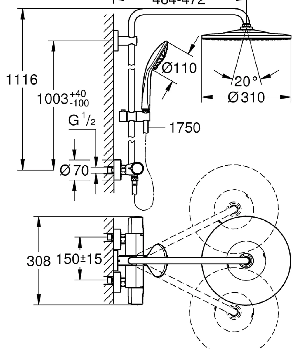 Grohe Colonne de douche thermostatique chromé Vitalio 310
