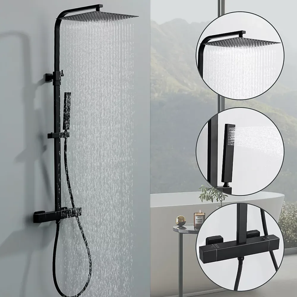 Colonne De Douche Hydromassante|Homelody Colonne de Douche Thermostatique Securite 38C Jet Pluie Hauteur Reglable 855 a 1105 mm Acier Inoxydable Noir pour Salle de Bain