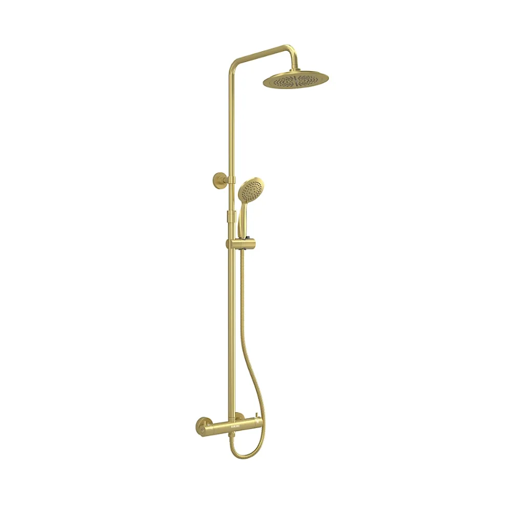 Galedo Colonne de douche thermostatique avec pommeau + douchette 2 jets + flexible + barre réglable, doré brossé, Arty