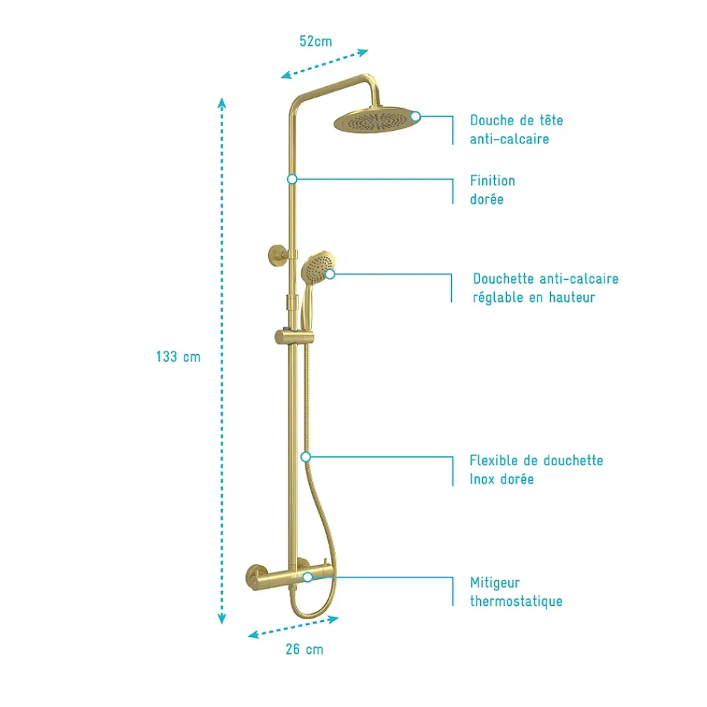 Galedo Colonne de douche thermostatique avec pommeau + douchette 2 jets + flexible + barre réglable, doré brossé, Arty