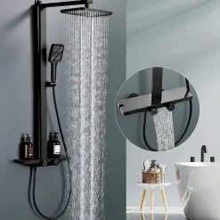 Colonne De Douche Thermostatique|Homelody Colonne de Douche Thermostatique Étagère en Verre avec Cascade Douchette 3 Jets Pommeau de Douche Pluie 300 x 200 mm Noire