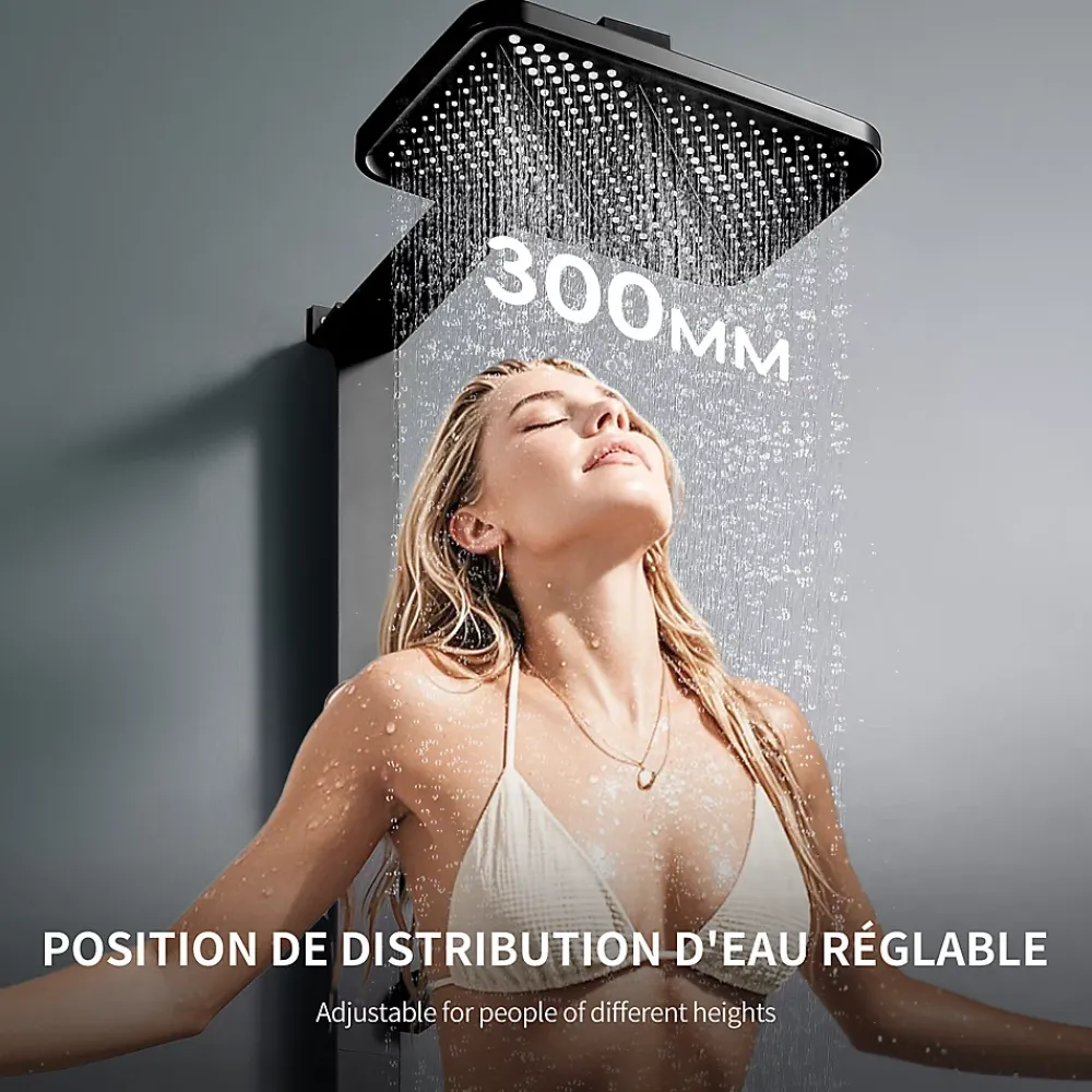 Colonne De Douche Thermostatique|Homelody Colonne de Douche Thermostatique Étagère en Verre avec Cascade Douchette 3 Jets Pommeau de Douche Pluie 300 x 200 mm Noire