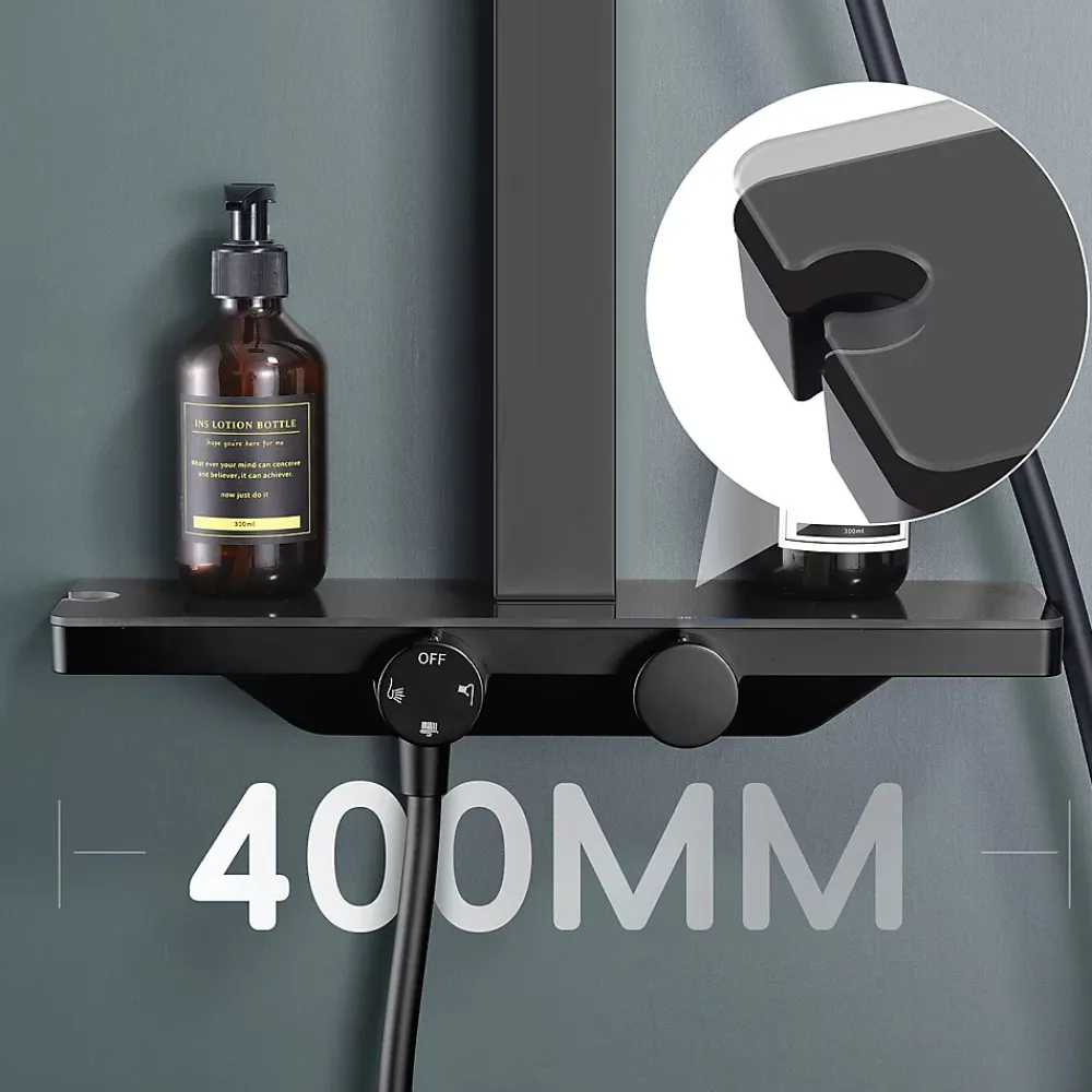 Colonne De Douche Thermostatique|Homelody Colonne de Douche Thermostatique Étagère en Verre avec Cascade Douchette 3 Jets Pommeau de Douche Pluie 300 x 200 mm Noire
