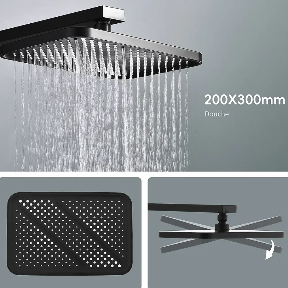 Colonne De Douche Thermostatique|Homelody Colonne de Douche Thermostatique Étagère en Verre avec Cascade Douchette 3 Jets Pommeau de Douche Pluie 300 x 200 mm Noire