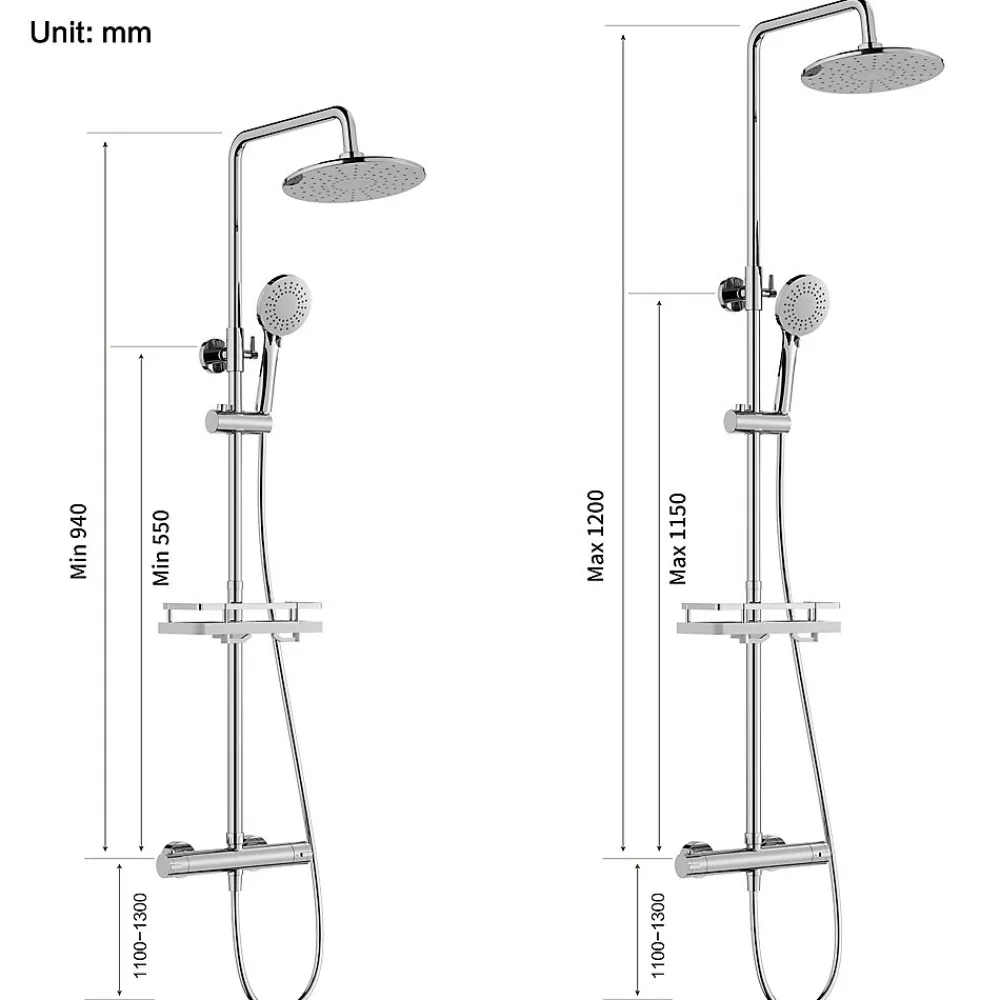 Homelody Colonne de Douche Thermostatique Hauteur Reglable 940 a 1200 mm Jet Pluie avec Tablette Finition Chrome pour Salle de Bain