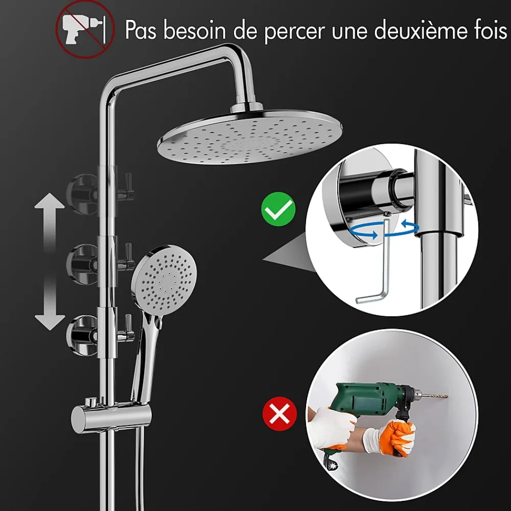Homelody Colonne de Douche Thermostatique Hauteur Reglable 940 a 1200 mm Jet Pluie avec Tablette Finition Chrome pour Salle de Bain