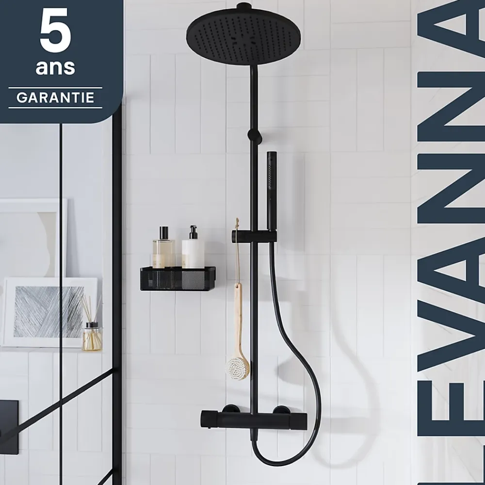 Colonne De Douche Thermostatique|GoodHome Colonne de douche thermostatique avec pommeau, douchette 2 jets, flexible, barre réglable, noir, Levanna
