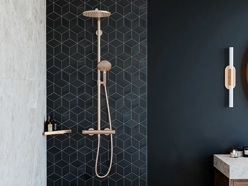 Colonne De Douche Thermostatique|Hansgrohe Colonne de douche thermostatique avec pommeau + douchette 3 jets + flexible + barre réglable, bronze brossé, Select S240 PowderRain