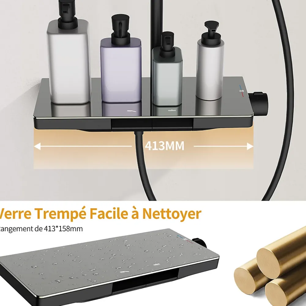 Colonne De Douche Thermostatique|Homelody Colonne de Douche Thermostatique 38C avec Plateau de Rangement de 413mm Ensemble de Douche Noir Comprend une Douche de Tête