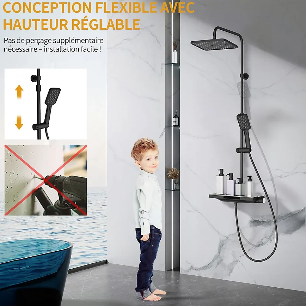 Colonne De Douche Thermostatique|Homelody Colonne de Douche Thermostatique 38C avec Plateau de Rangement de 413mm Ensemble de Douche Noir Comprend une Douche de Tête