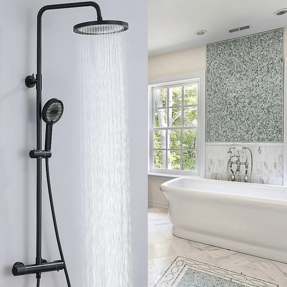 Colonne De Douche Thermostatique|Homelody Colonne de Douche Thermostatique Securite 38C Jet Pluie Hauteur Reglable 1006 a 1206 mm Acier Inoxydable Noir Pour Salle de Bain