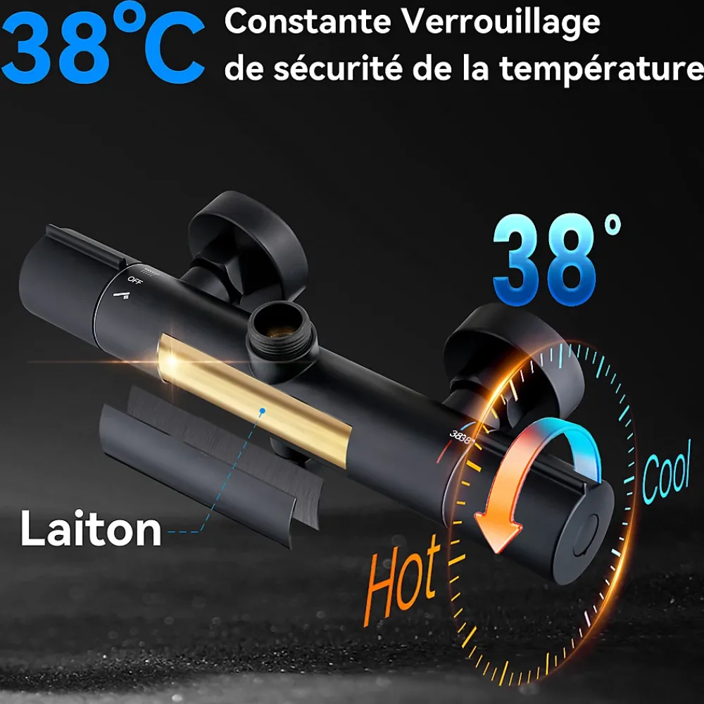 Colonne De Douche Thermostatique|Homelody Colonne de Douche Thermostatique Securite 38C Jet Pluie Hauteur Reglable 1006 a 1206 mm Acier Inoxydable Noir Pour Salle de Bain