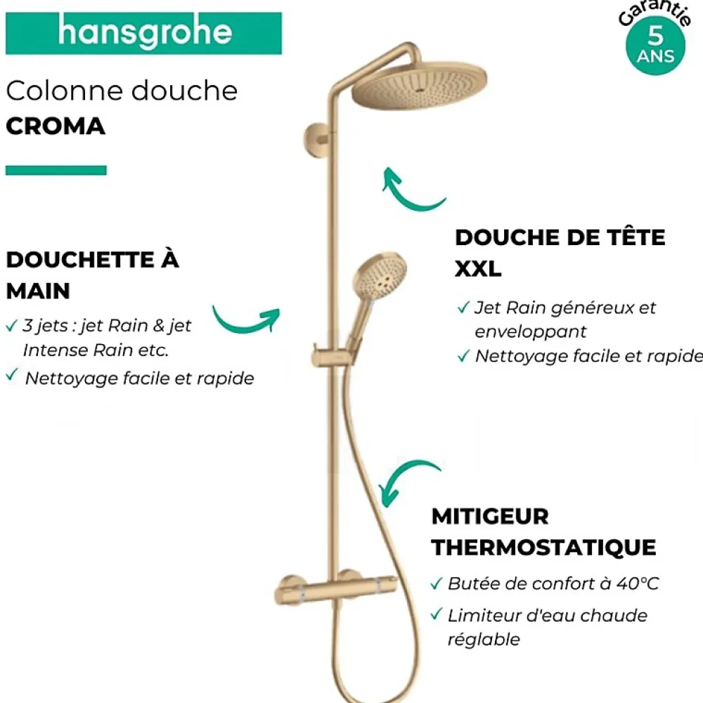 Hansgrohe Colonne de douche thermostatique Croma Select S 280 Bronze brossée + nettoyant Briochin